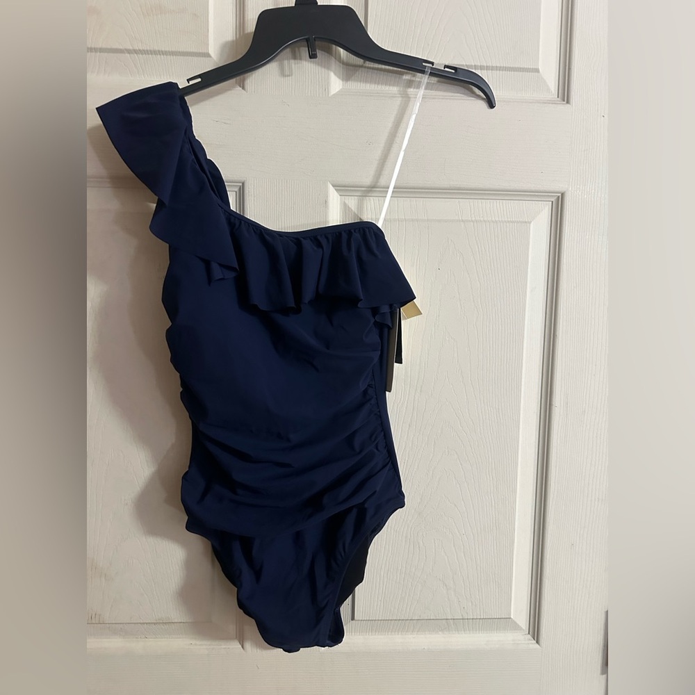 PROFILE BY GOTTEX NAVY RUFFLE ONE SHOULDER SWIMSUIT: NEW WITH TAGS: SZ 6